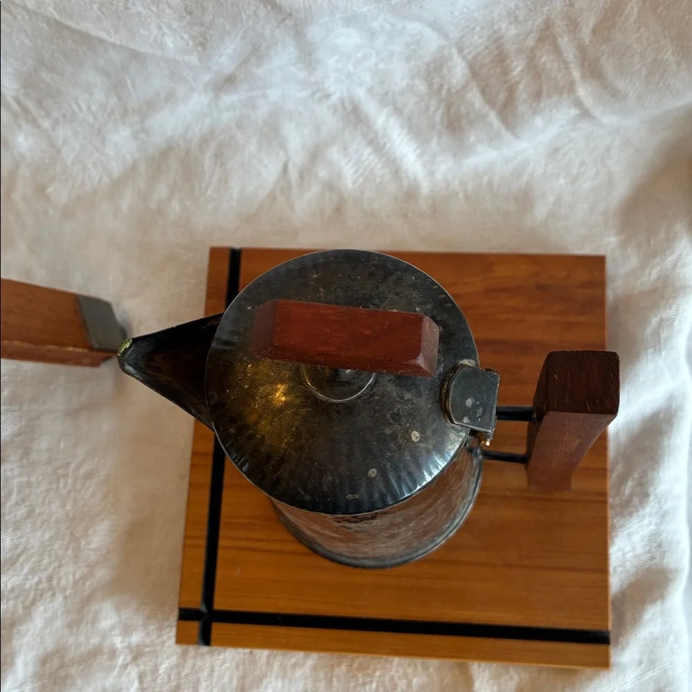 Silver-plated Coffee or Tea Pot + Teak Cheese Board hammered texture wood handle